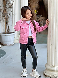 Pembe Renk Kelebek Nakış İşlemeli  Kız Çocuk Kot Ceket