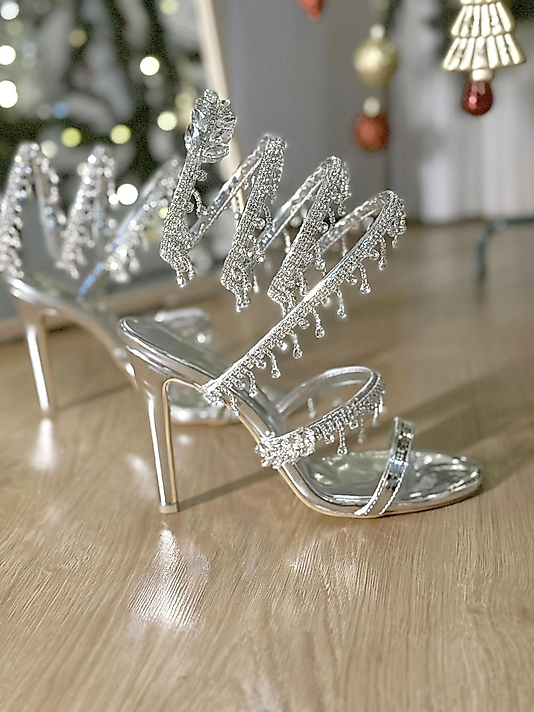 Shine Grace Bilekten Dolamalı Kristal Taşlı  11 cm Gümüş Topuklu Ayakkabı
