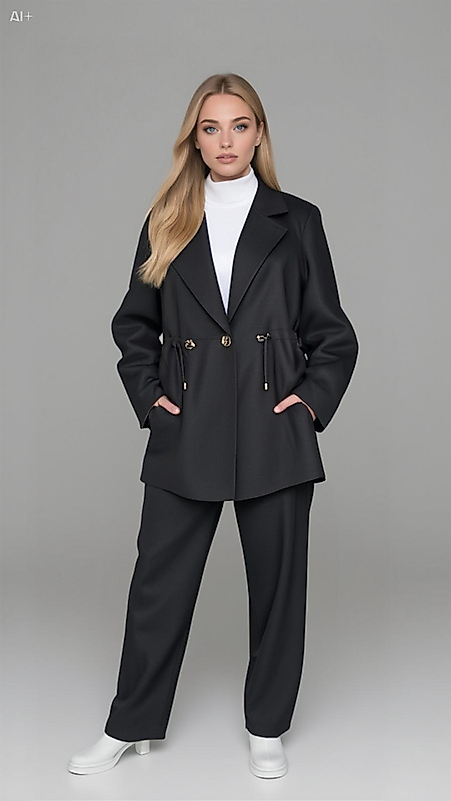 Düğme Detaylı Örme Kupra Siyah Takım