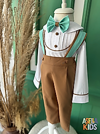 Erkek Çocuk Kahverengi Salopet Takım - Su Yeşili Detaylı