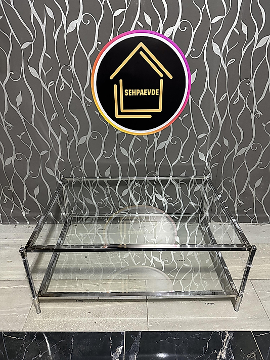 PARLAK KROM DİKDÖRTGEN BLOK ORTA SEHPA ŞEFFAF CAM