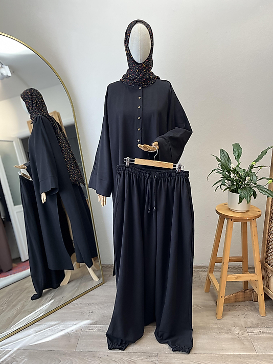 Siyah Abaya Kol - Şalvarlı Keten Festival Cilbab Takım