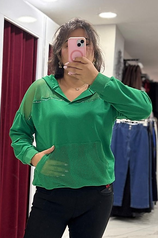 Yeşil File Detaylı Kapüşonlu Sweatshirt