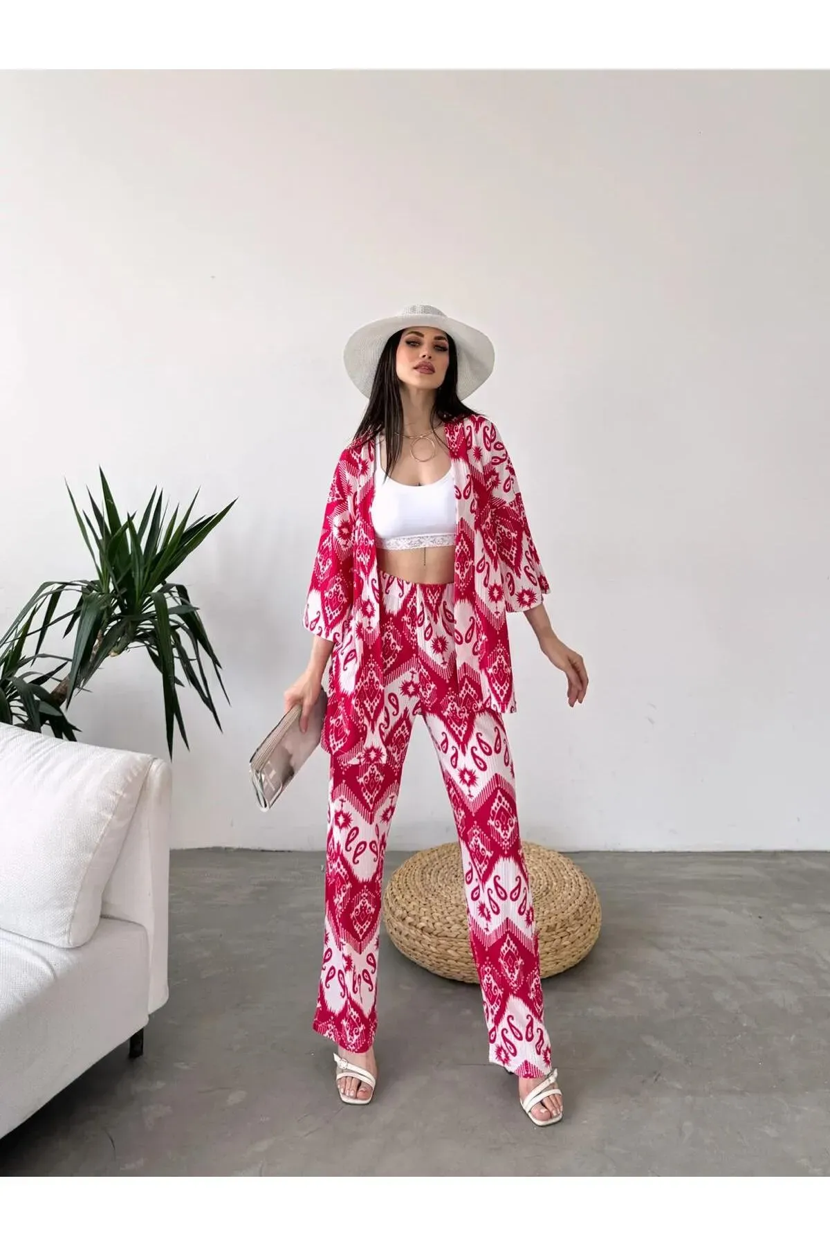Desenli Kimono & Pantolon Ikili Takım