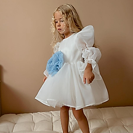 Şifon Uzun Kollu Gül Detaylı Beyaz Kız Çocuk Elbisesi