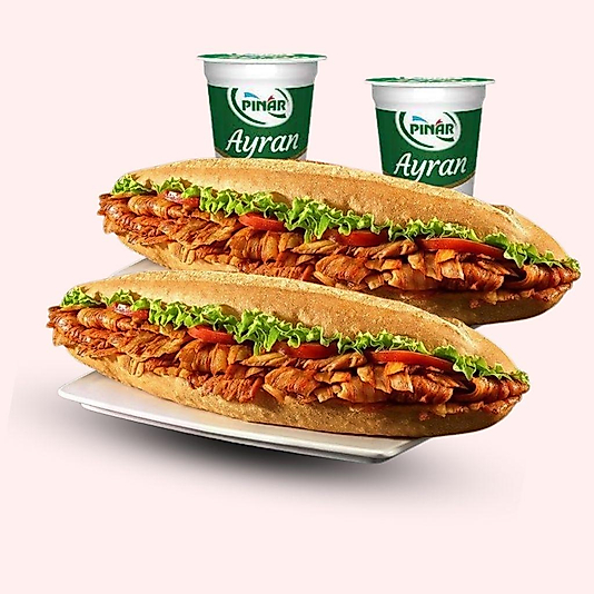 2'li Tam Porsiyon Ekmek Arası Döner + 2'li Ayran Menü