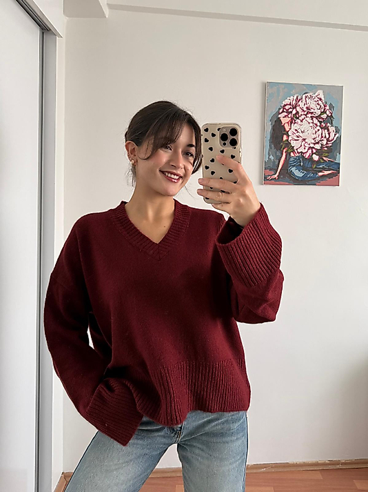 V yaka triko kazak -Bordo