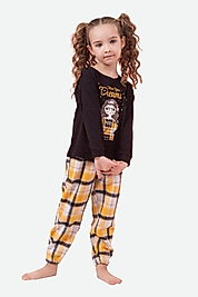 Dreams Baskılı Kız Çocuk Pijama Takımı – Siyah & Sarı Ekose (3-8 Yaş)