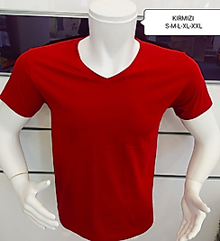 V YAKA KIRMIZI PAMUK PENYE T-SHIRT
