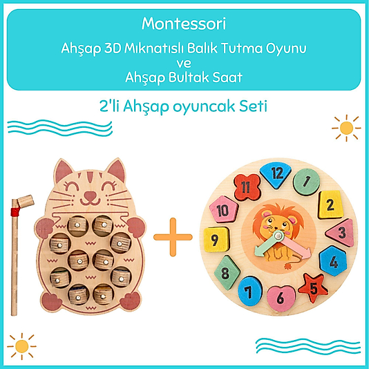 Montessori 3 Boyutlu Ahşap  Balık Tutma Oyunu + Montessori Renkli Ahşap Bultak Saat