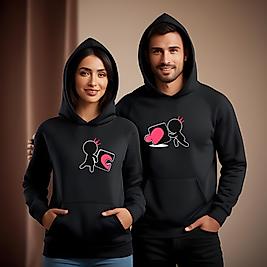 Puzzle Birleşen Kalp Görselli Kombin Sevgililer Günü Slimfit Kapüşönlu Hoodie Sweatshirt