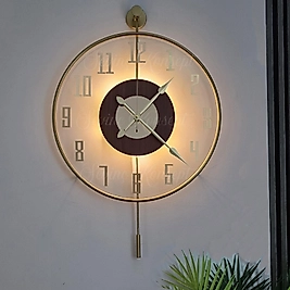 LED'li Golden Latin Face (BÜYÜK BOY 50 x 75 cm) Modern Dekoratif Sarkaçlı Metal Duvar Saati