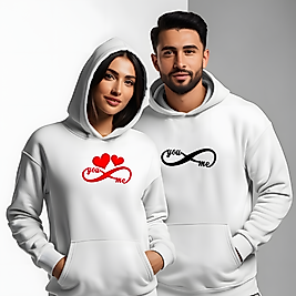 Sonsuz Sevgi Görselli Kombin Sevgililer Günü Slimfit Kapüşönlu Hoodie Sweatshirt