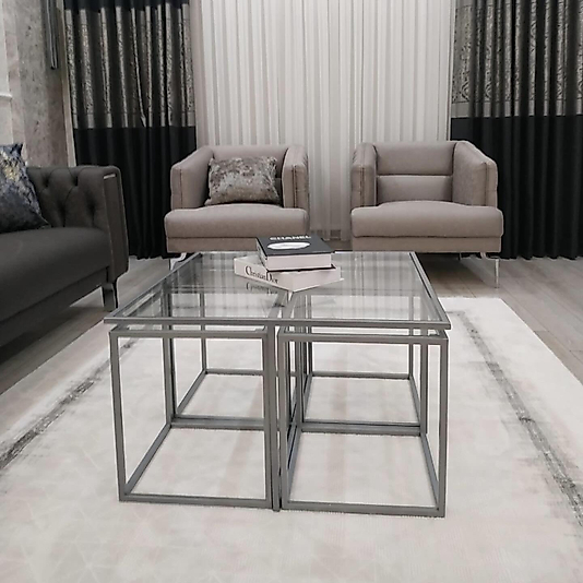 MAT GRİ KARE 4+1 PİZZA ORTA SEHPA KOMPLE ŞEFAF CAM