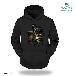 İskelet Hakim Görselli Slimfit Kapüşönlu Hoodie Erkek kadın Sweatshirt