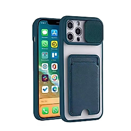 İphone 12 -12 Pro Uyumlu Kamera Sürgülü Kartlıklı Telefon Kılıfı Yeşil