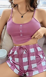 Kadın Pembe Kareli Desenli Askılı Şortlu Pijama Takım 5003