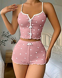 Kadın Pembe Kalpli Askılı Şortlu Pijama Takım 5009