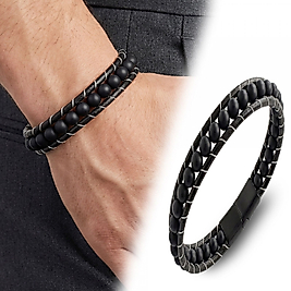 6mm Mat Oniks Taşlı Deri Kordon Ve Çelik Bileklik