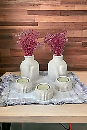 İKİLİ İSKANDİNAV ÇİZGİLİ VAZO VE ÜÇLÜ TEALİGHT MUMLUK SETİ BETON HAM BEYAZ HEDİYELİK VE DEKORATİF