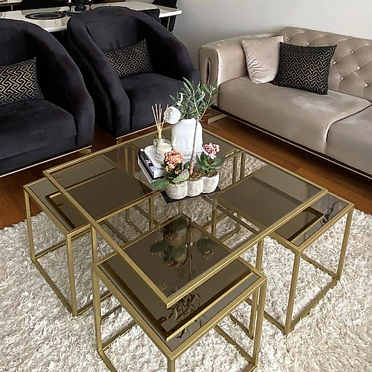 MAT GOLD KARE 4+1 PİZZA ORTA SEHPA ÜST BRONZ CAM ALT BRONZ AYNA