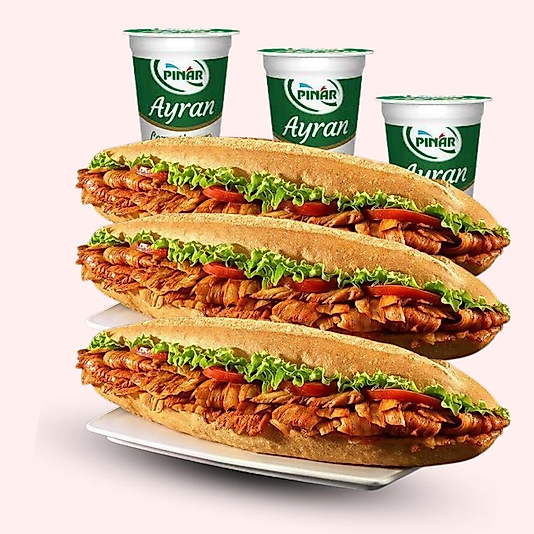 3'lü Tam Porsiyon Ekmek Arası Döner + 3'lü Ayran Menü