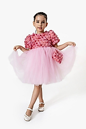 2-5 Yaş Kız Çocuk Gül Detaylı Pembe Tüllü Elbise Çantalı