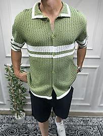 Oversize Yatay Şeritli Triko Gömlek - Haki