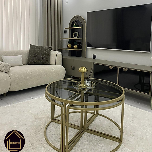 MAT GOLD YUVARLAK 4+1 PİZZA ORTA SEHPA KOMPLE FÜME CAM