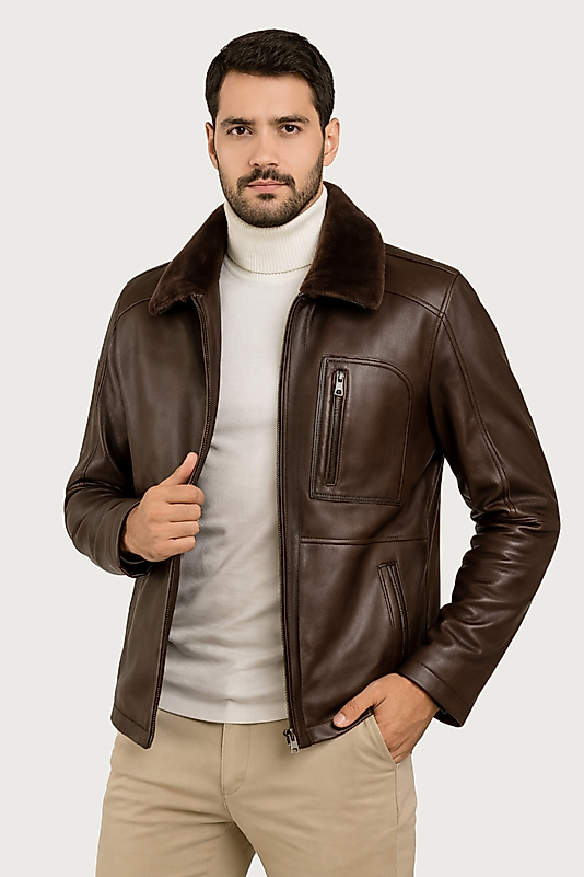 Carlos Hakiki Deri Erkek Kestane Seyyar Kürk Yaka Mont