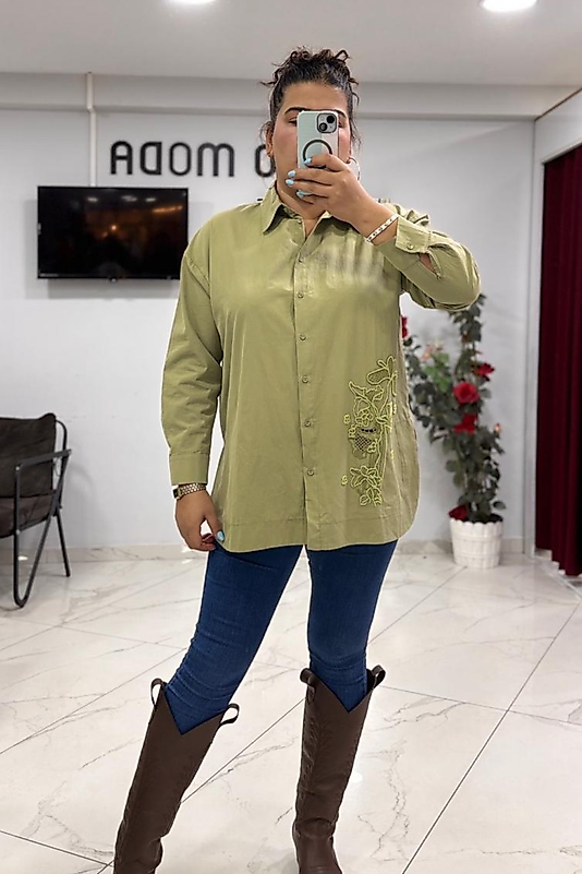 Çiçek Nakış Detaylı Zeytin Yeşili Uzun Gömlek