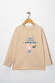 Kız Çocuk Uzun Kollu Bisiklet Yaka "Ramazan" Baskılı Tişört Mevsimlik Pamuklu