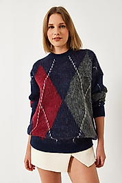 Oversize,Baklava Desen,Standart Beden Panço Kazak Lacivert