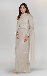 Uzun Kol Detaylı Payetli Bej Abiye