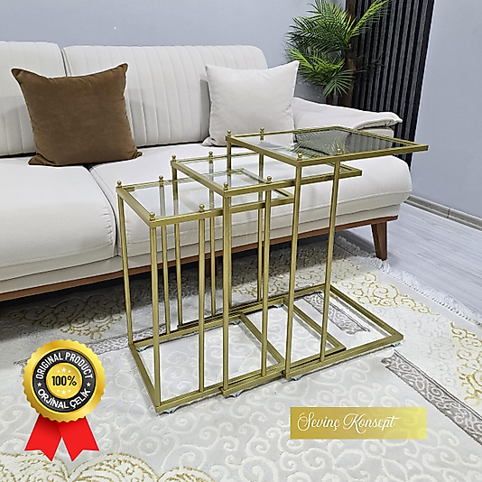 3'lü GOLD Tekerlekli C Sehpa, ŞEFFAF CAM, Güvenilir 6 mm Kalın Camlı, Çok Amaçlı Metal Zigon Sehpa