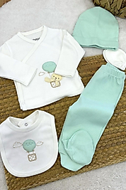 Mint Balon Nakışlı 5’li Hastane Çıkışı Seti (Şapka, Önlük, Üst, Pantolon, Eldiven)