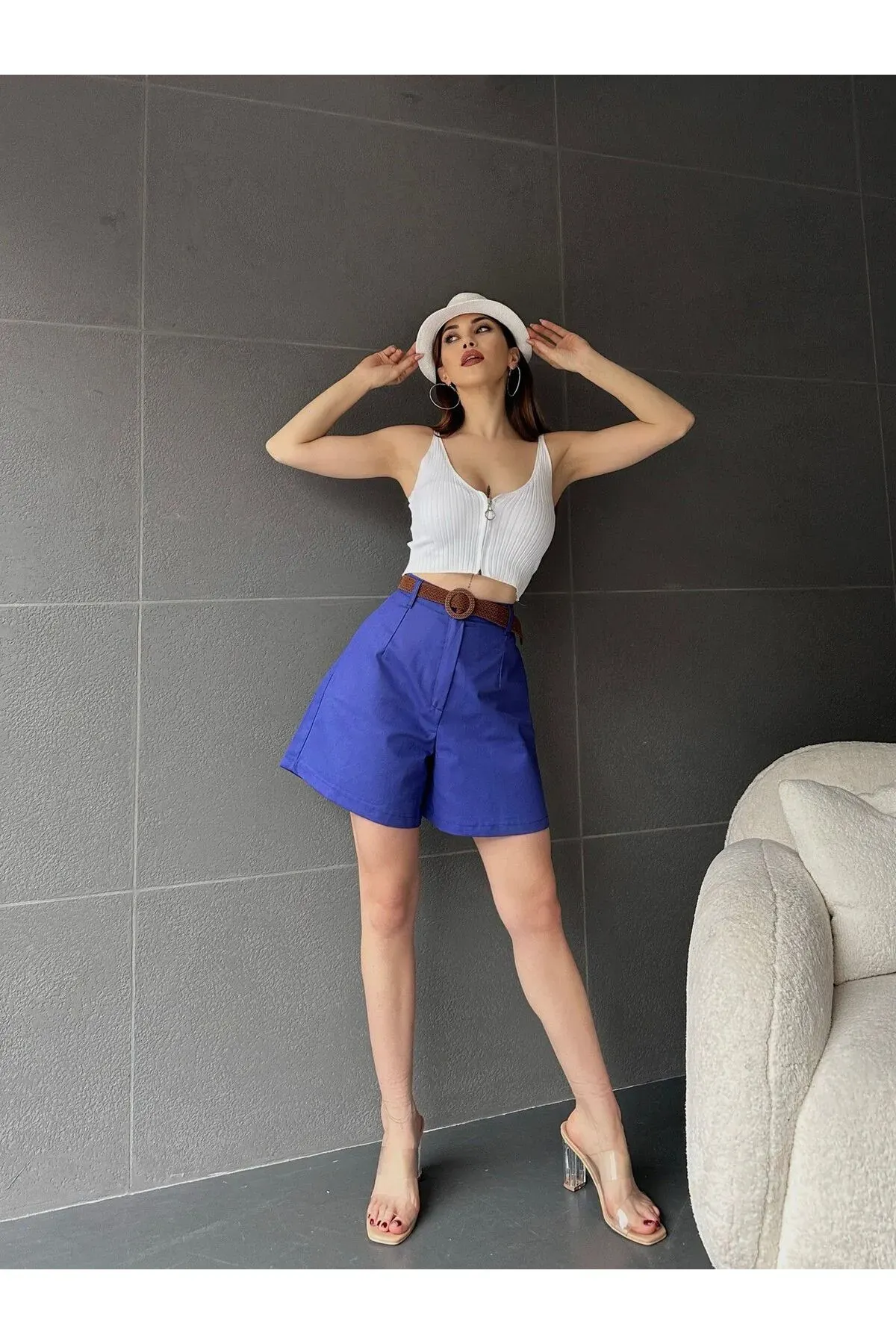 Kemerli Mom Şort - MAVİ