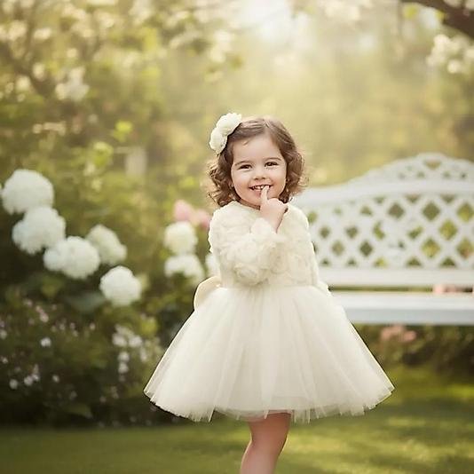 Üç Boyutlu Gül Detaylı Tütü Kız Çocuk Ekru Özel Gün Elbisesi