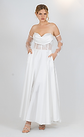 Straplez Gövde İşleme Beyaz Midi Abiye