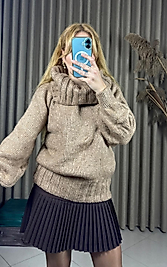 Balıkçı Yaka Balon Kol Fitilli Kahve Triko Kazak – Şık ve Modern Stil