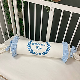 Krem Mavi Fırfırlı Şeker(Silindir) Yastık