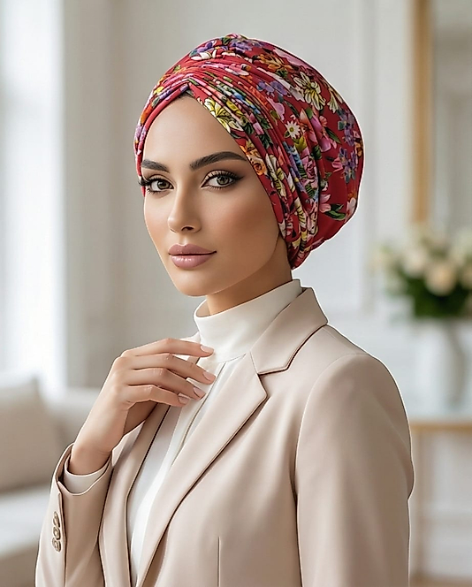 Drapeli dolgulu cıcek desenli bone