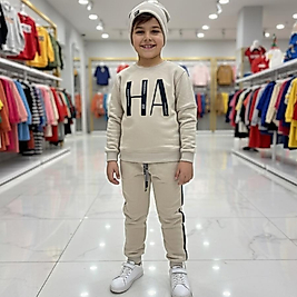 Şapka hediyeli üç ip kalın ha baskılı erkek çocuk takım