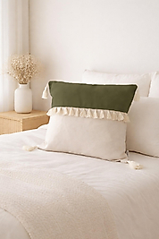 Püsküllü Kırlent Kılıfı Yeşil Krem