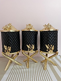 SİYAH CAM GOLD ÜÇLÜ KRİSTAL KAVANOZ TAKIM 700 ML’lik