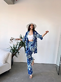 Desenli Kimono & Pantolon Ikili Takım- MAVİ