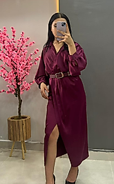 Saten Kemerli Bordo Elbise