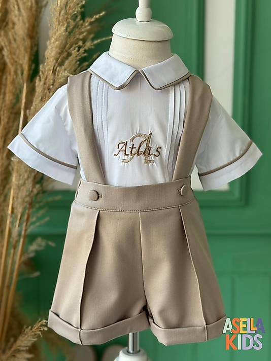 Erkek Çocuk Bej Göğüs İsim Nakışlı Salopet Takım