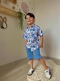 Keten çiçekli gömlek jean şort takım