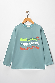 Kız Çocuk Uzun Kollu Bisiklet Yaka "Oruçluyum, Mutluyum" Baskılı Tişört Mevsimlik Pamuklu